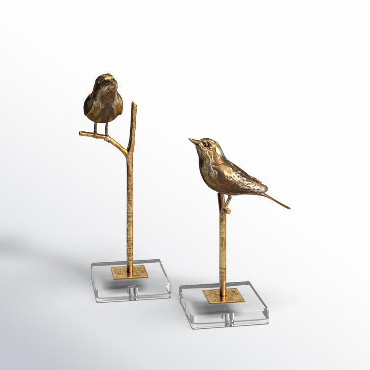 Antiqued Gold Bird Figurines on Crystal Base, Set of 2