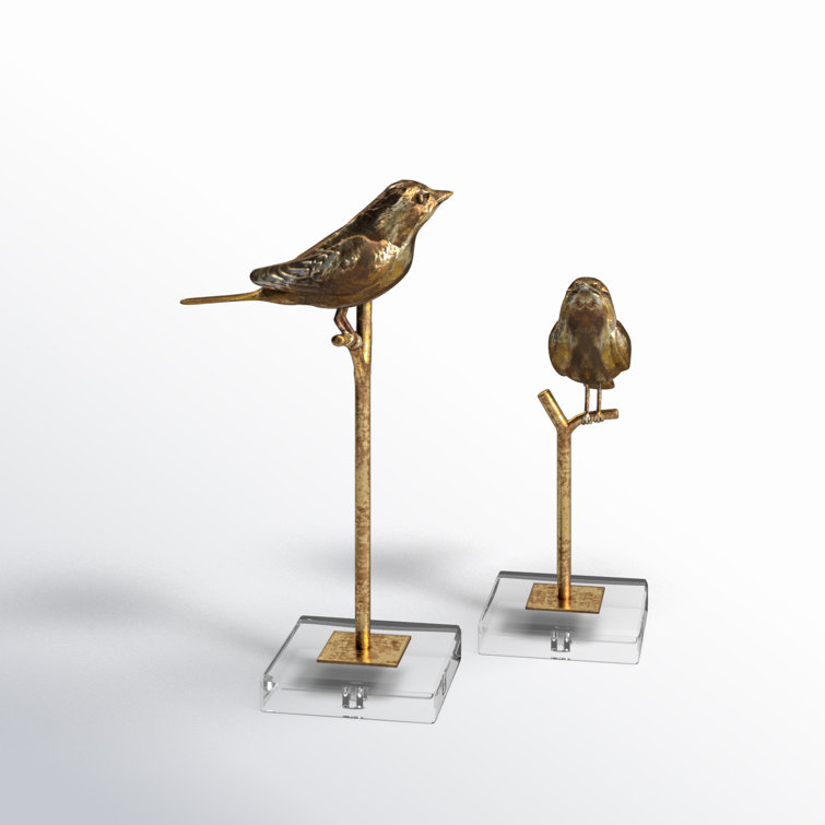 Antiqued Gold Bird Figurines on Crystal Base, Set of 2