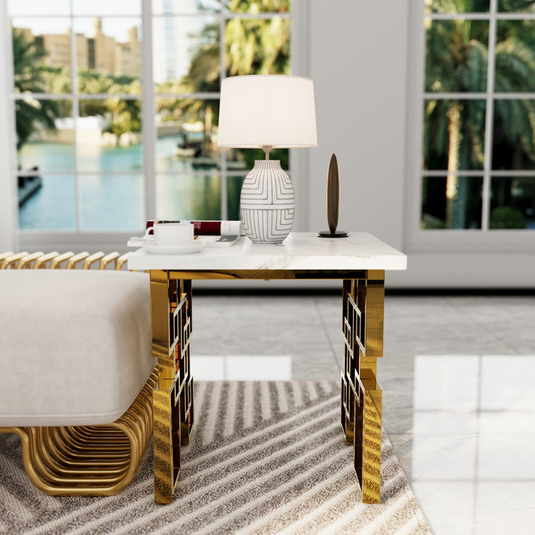 White and Gold Geometric Base Living Room Table Set, 3 Pieces