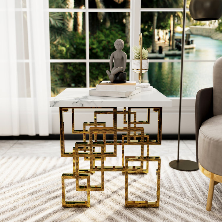 White and Gold Geometric Base Living Room Table Set, 3 Pieces