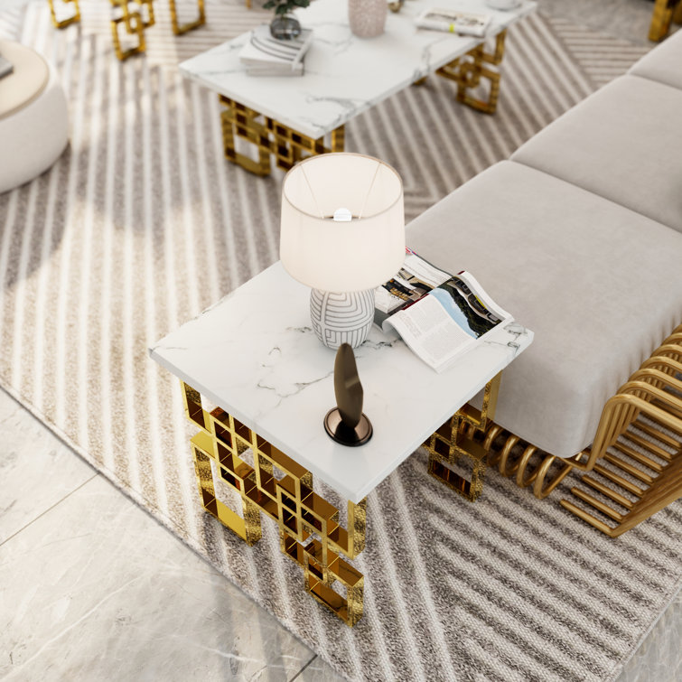 White and Gold Geometric Base Living Room Table Set, 3 Pieces