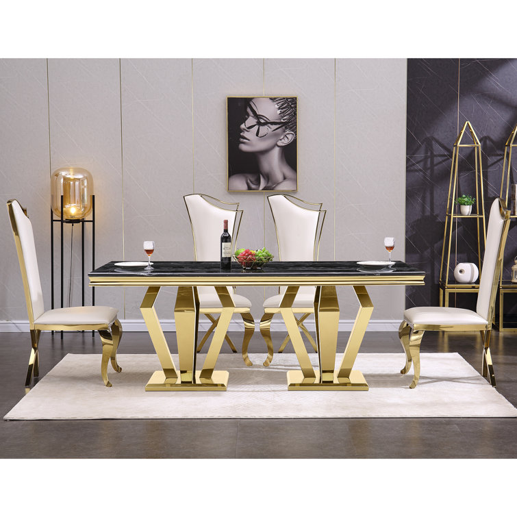 White Faux Leather and Gold Metal Parsons Dining Chairs Set of 6