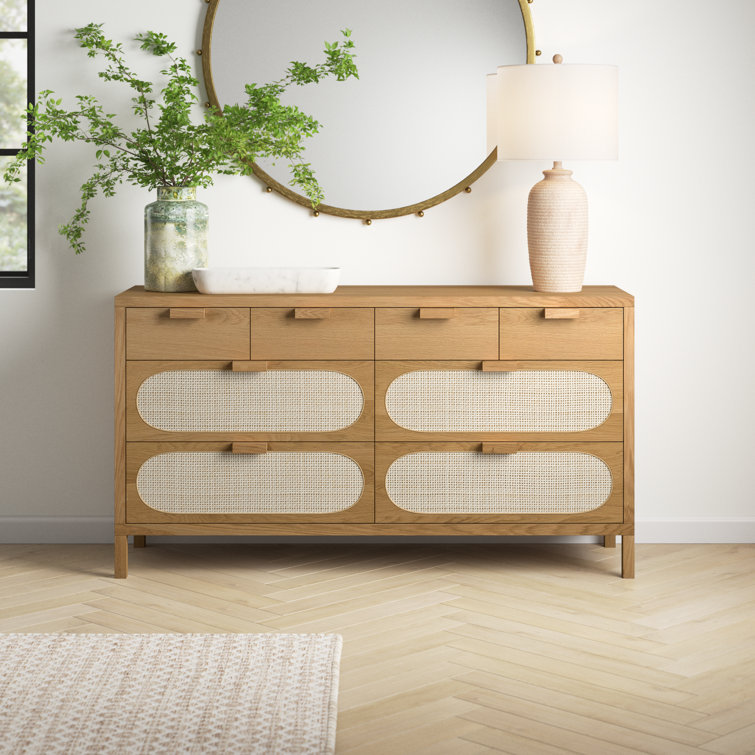 Alder Short Silhouette 8-Drawer Oak and Cane Dresser