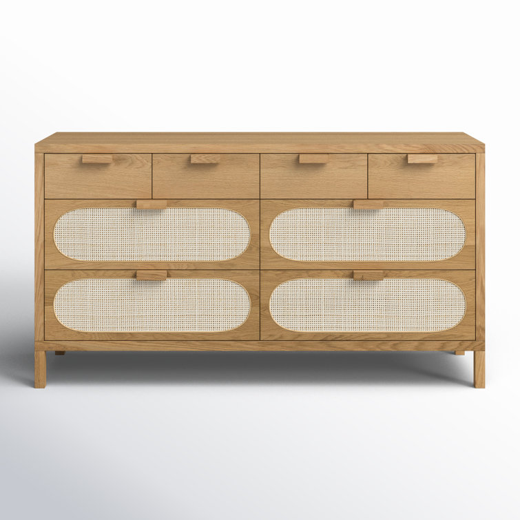 Alder Short Silhouette 8-Drawer Oak and Cane Dresser