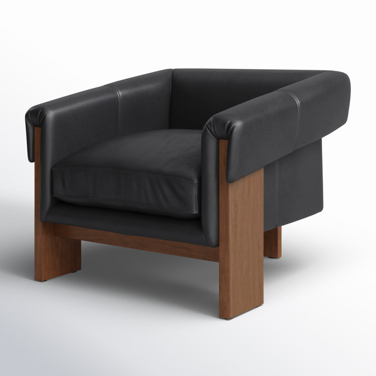 Black Genuine Leather Armchair with Brown Wood Frame