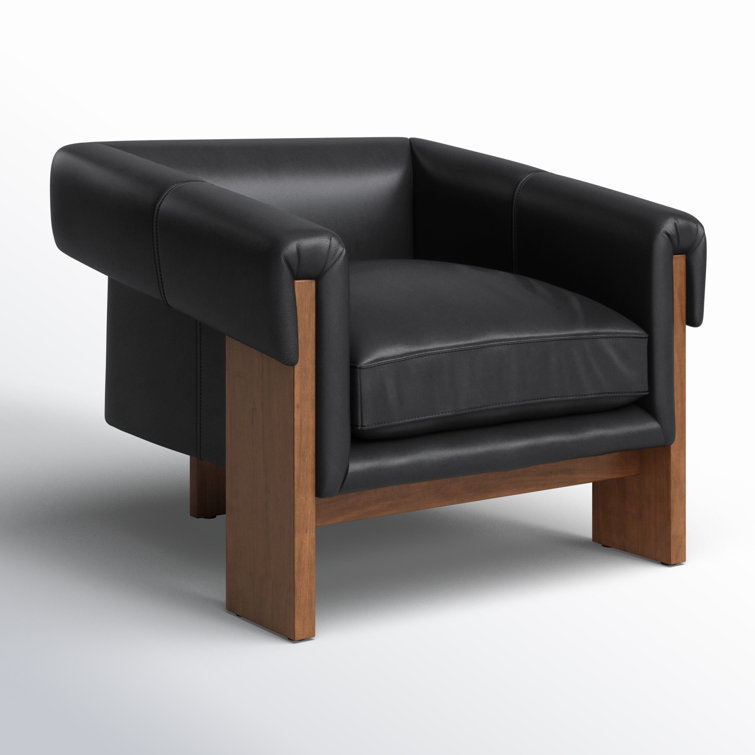 Black Genuine Leather Armchair with Brown Wood Frame