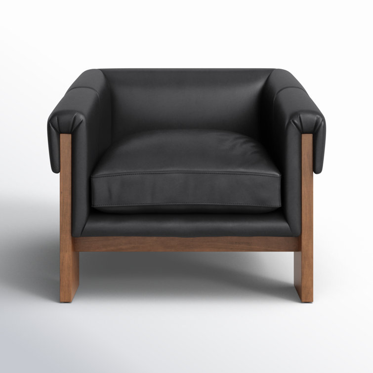 Black Genuine Leather Armchair with Brown Wood Frame