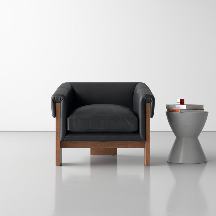 Black Genuine Leather Armchair with Brown Wood Frame