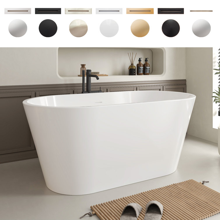 54'' White Acrylic Freestanding Soaking Bathtub with Integrated Overflow
