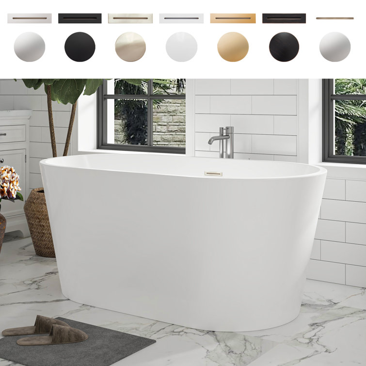54" White Acrylic Freestanding Soaking Bathtub with Brushed Nickel