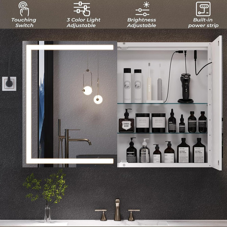 White Wall Mounted Medicine Cabinet with LED Lights and Mirror