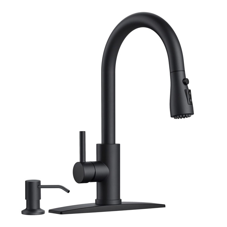 Matte Black Single Handle Pull Down Kitchen Faucet with Soap Dispenser