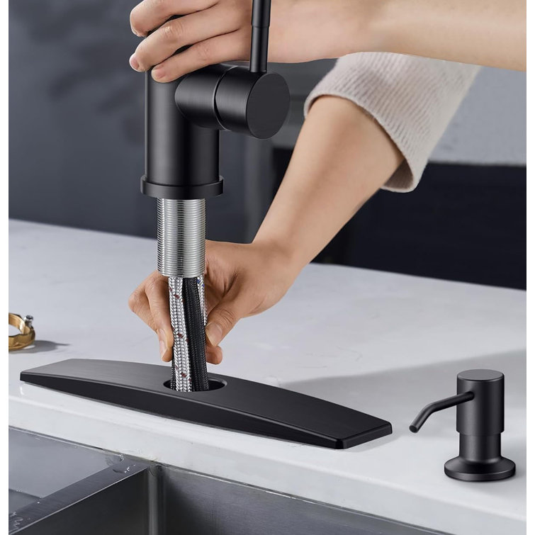 Matte Black Single Handle Pull Down Kitchen Faucet with Soap Dispenser
