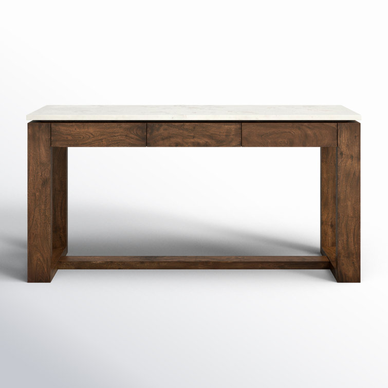 Brown Acacia and White Marble Kitchen Island with Drawers