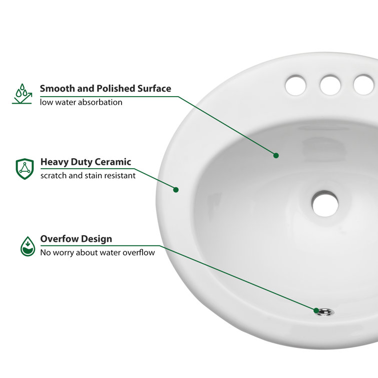 Glossy White Ceramic Oval Drop-in Bathroom Sink with 3 Faucet Holes