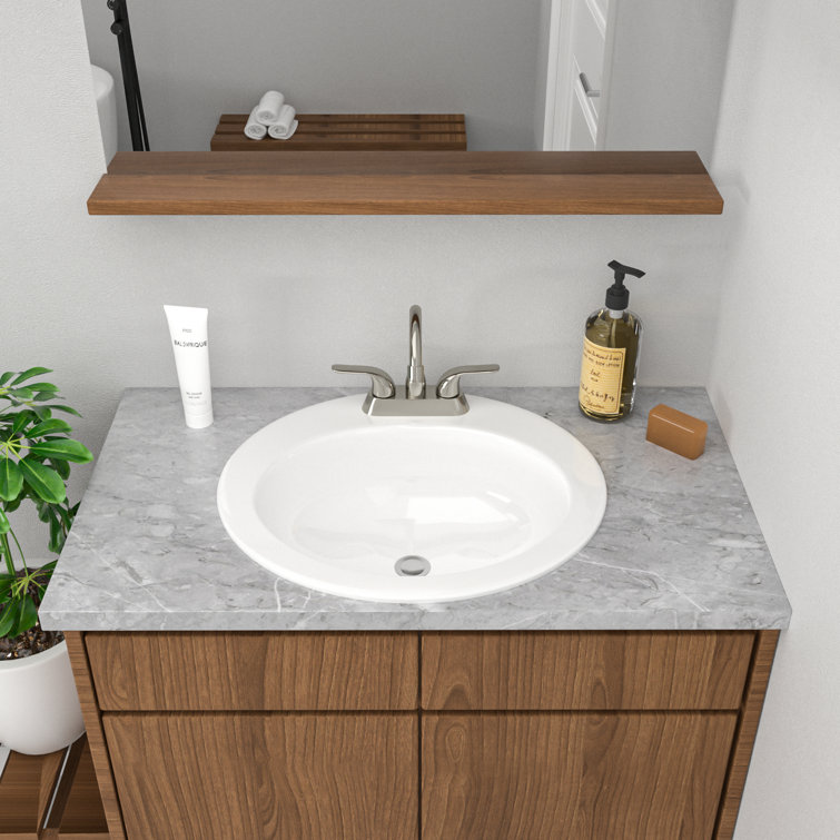 Glossy White Ceramic Oval Drop-in Bathroom Sink with 3 Faucet Holes