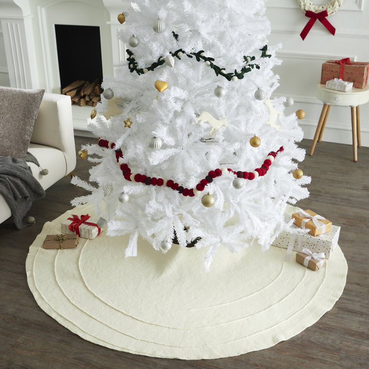 Cream Hand-Felted Wool Christmas Tree Skirt with Poinsettia Buttons