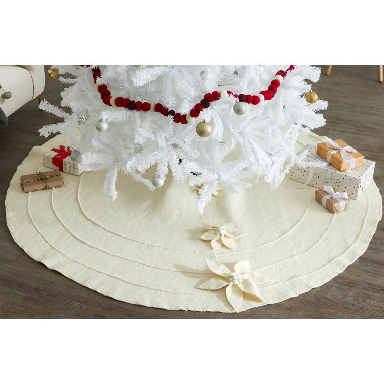 Cream Hand-Felted Wool Christmas Tree Skirt with Poinsettia Buttons