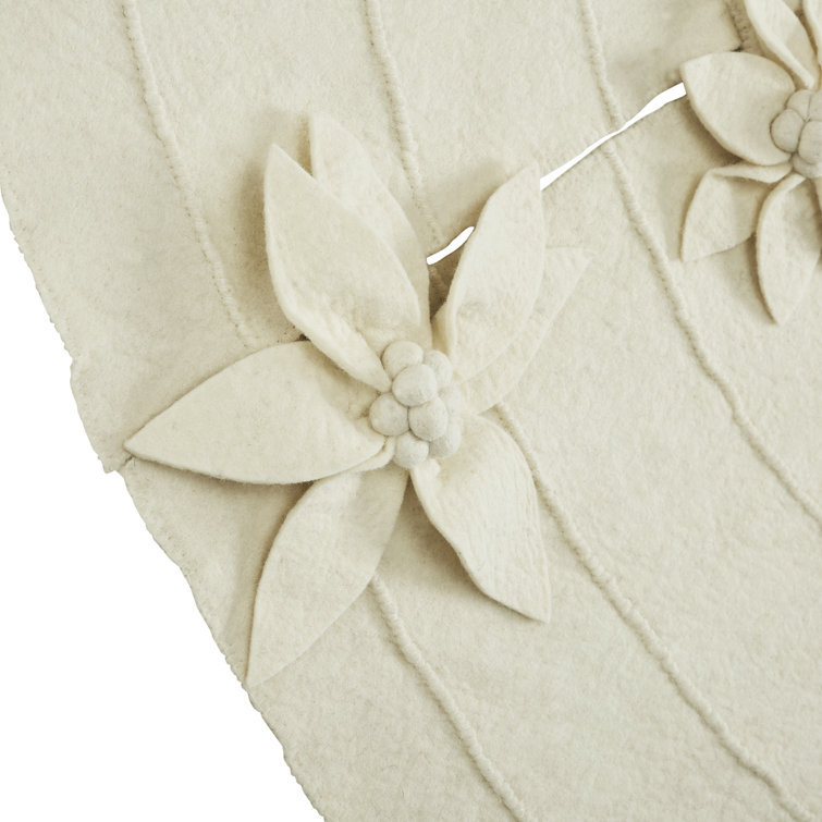 Cream Hand-Felted Wool Christmas Tree Skirt with Poinsettia Buttons