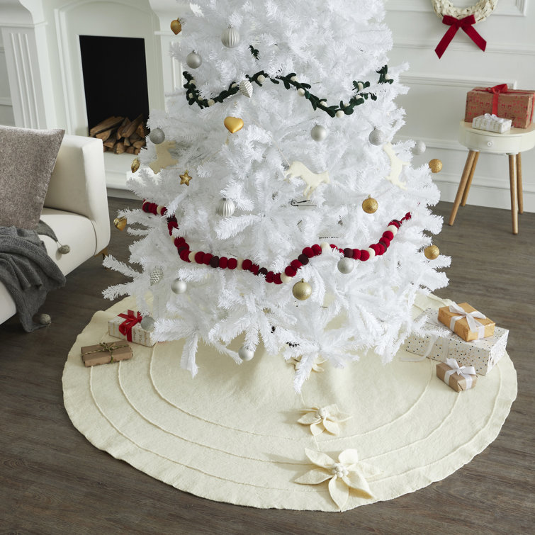 Cream Hand-Felted Wool Christmas Tree Skirt with Poinsettia Buttons