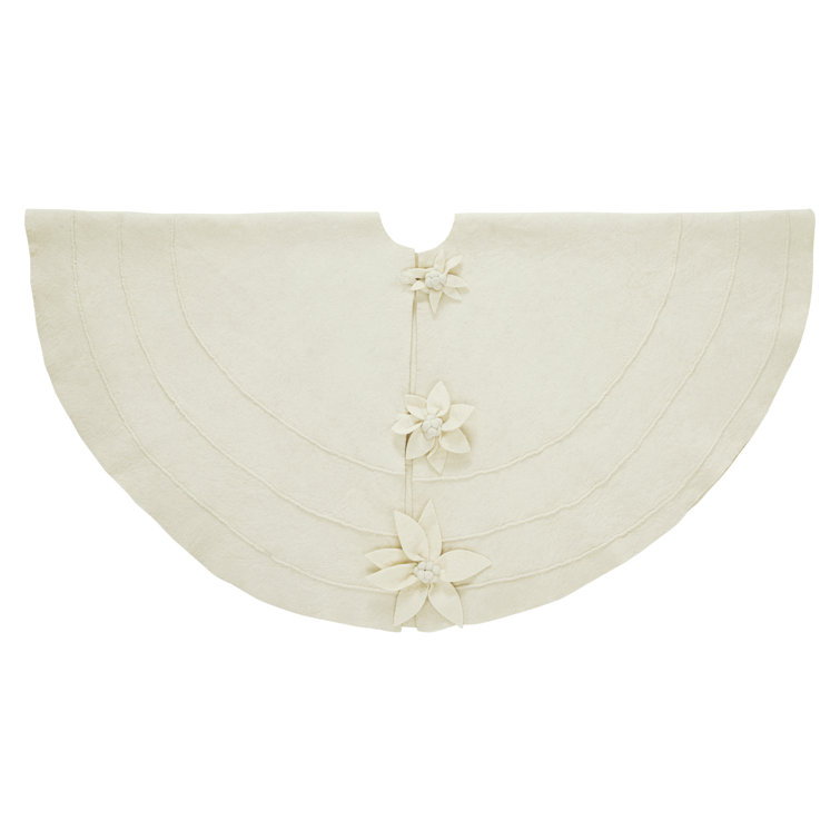 Cream Hand-Felted Wool Christmas Tree Skirt with Poinsettia Buttons