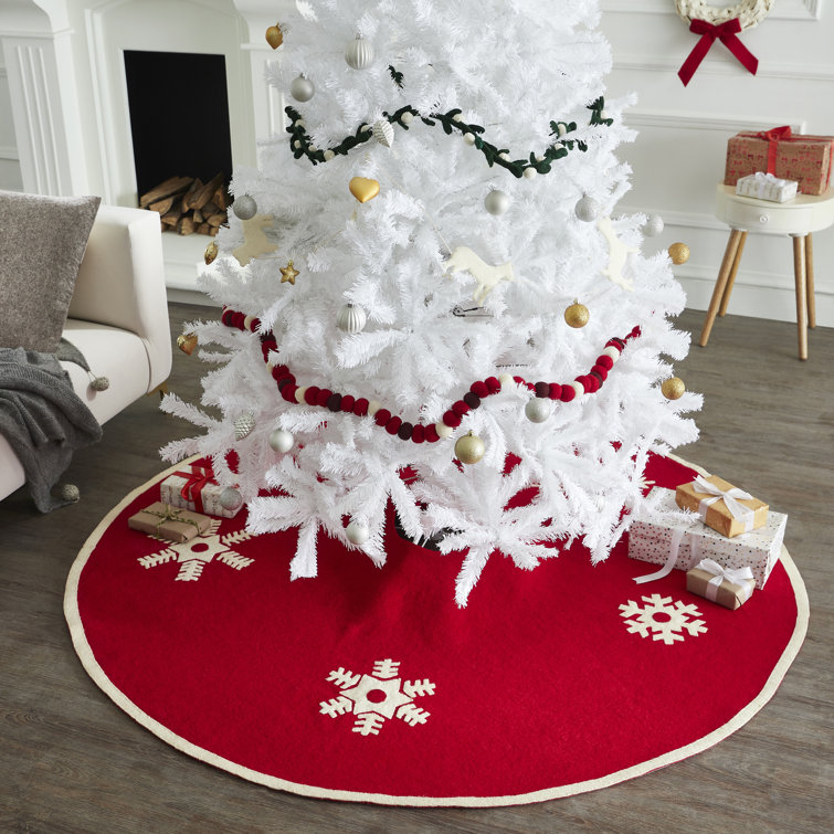 Handmade Red and White Felt Christmas Tree Skirt with Snowflakes