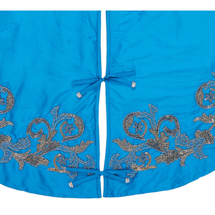 Imperial Blue Hand Beaded Silk Christmas Tree Skirt - 72''