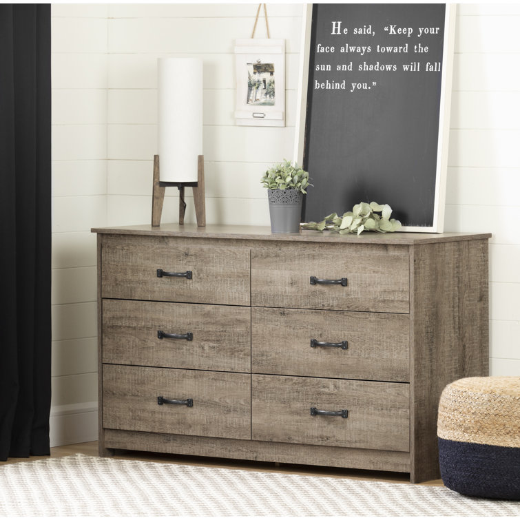 Weathered Oak Farmhouse Double Dresser with Six Drawers