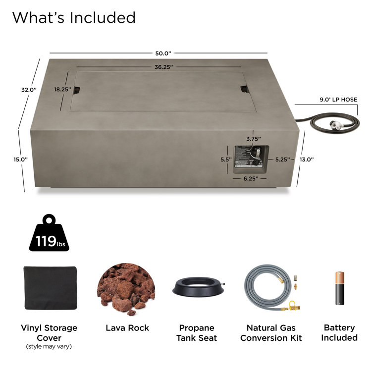 Mist Gray Rectangular Gas Fire Pit Table with Lava Rocks