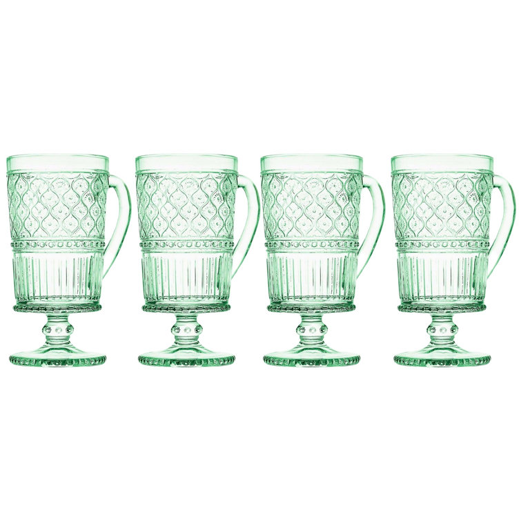 Claro Green Embossed Crystal Footed Coffee Mugs, Set of 4