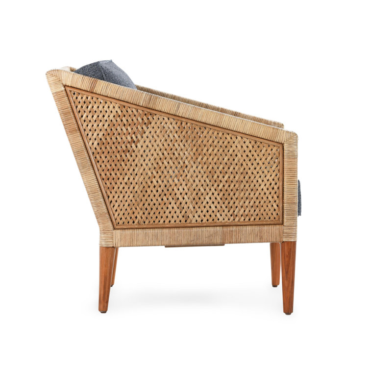 Natural Wicker Accent Chair with Blue Cushions