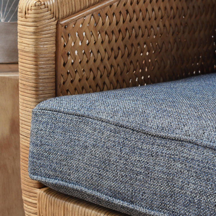 Natural Wicker Accent Chair with Blue Cushions