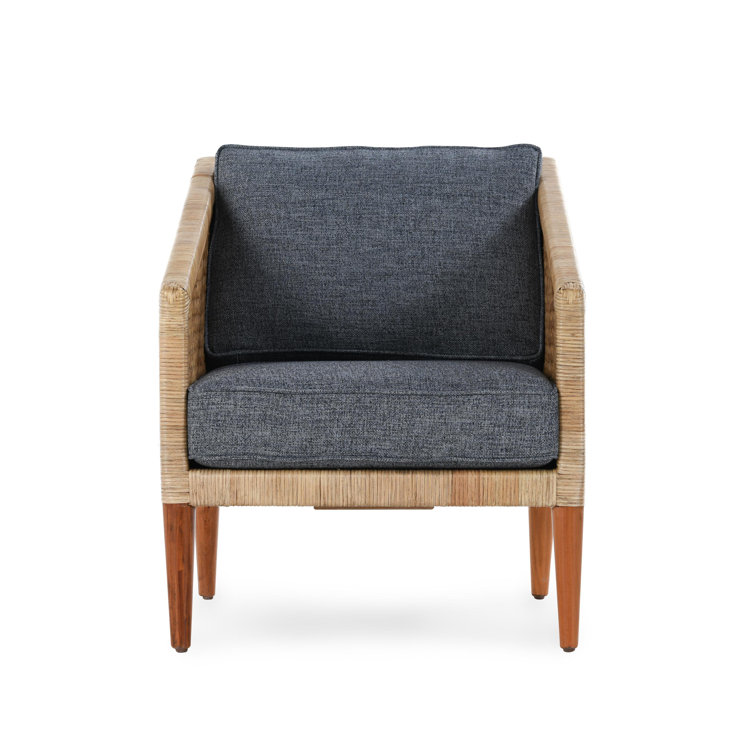 Natural Wicker Accent Chair with Blue Cushions