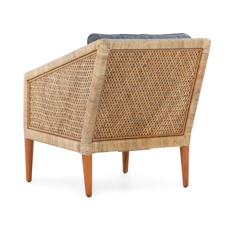 Natural Wicker Accent Chair with Blue Cushions