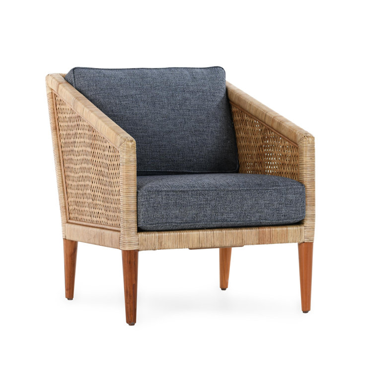 Natural Wicker Accent Chair with Blue Cushions