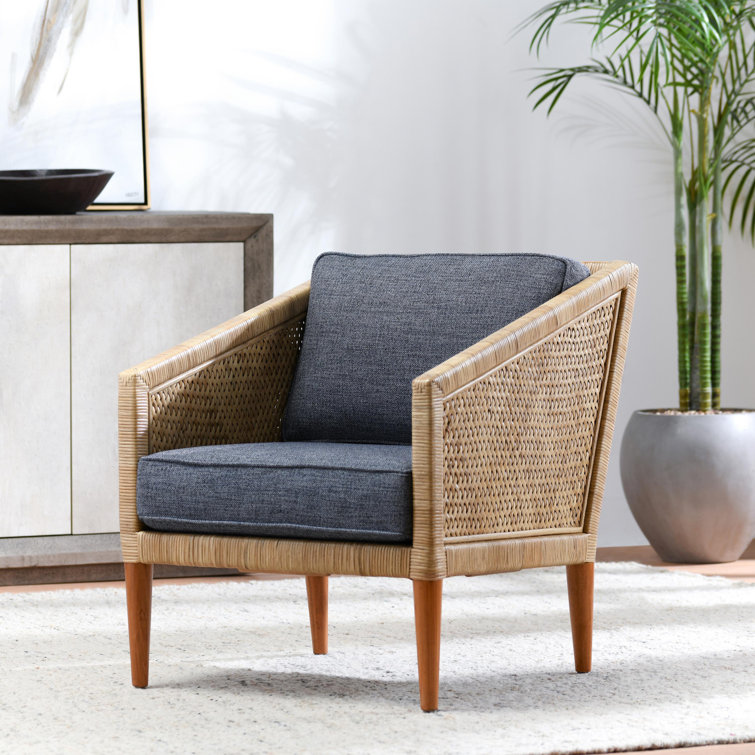Natural Wicker Accent Chair with Blue Cushions