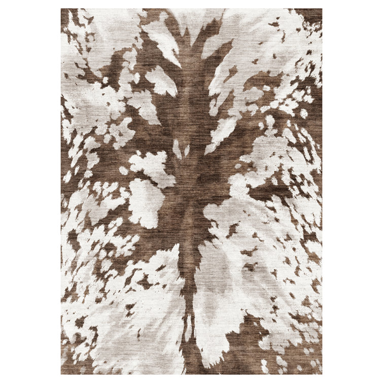 Large Brown and White Synthetic Rectangular Area Rug