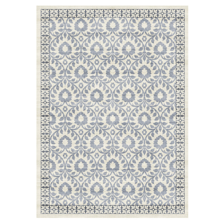 Esme Blue and Ivory Geometric Floral 6' x 9' Area Rug