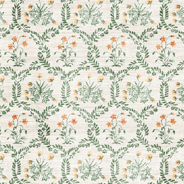 Ivory and Green Floral Synthetic Area Rug, 3x5