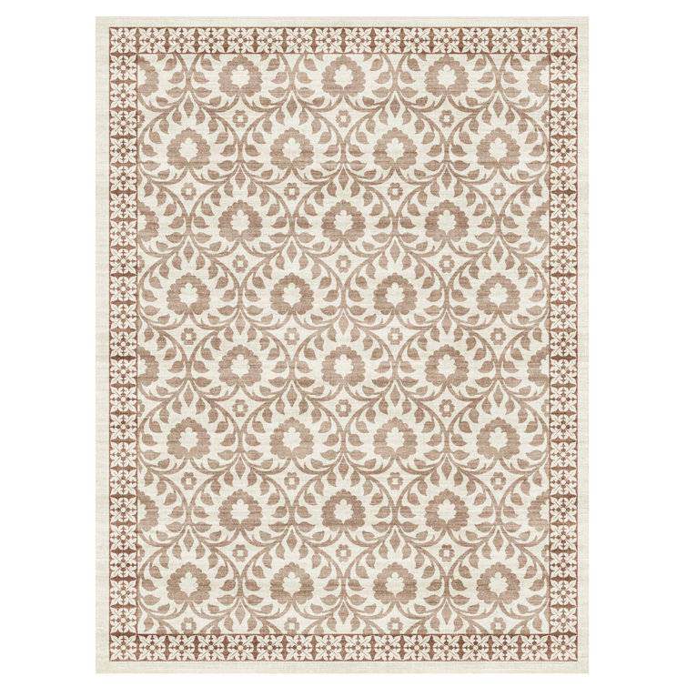 Ivory and Red Floral Synthetic Washable Area Rug