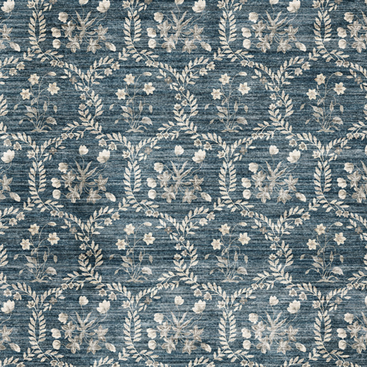Vela Navy and Ivory Floral Print 8' x 10' Synthetic Area Rug
