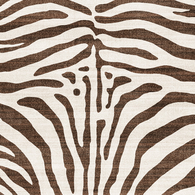 Ivory and Brown Zebra Stripe Washable Synthetic 5' x 7' Area Rug