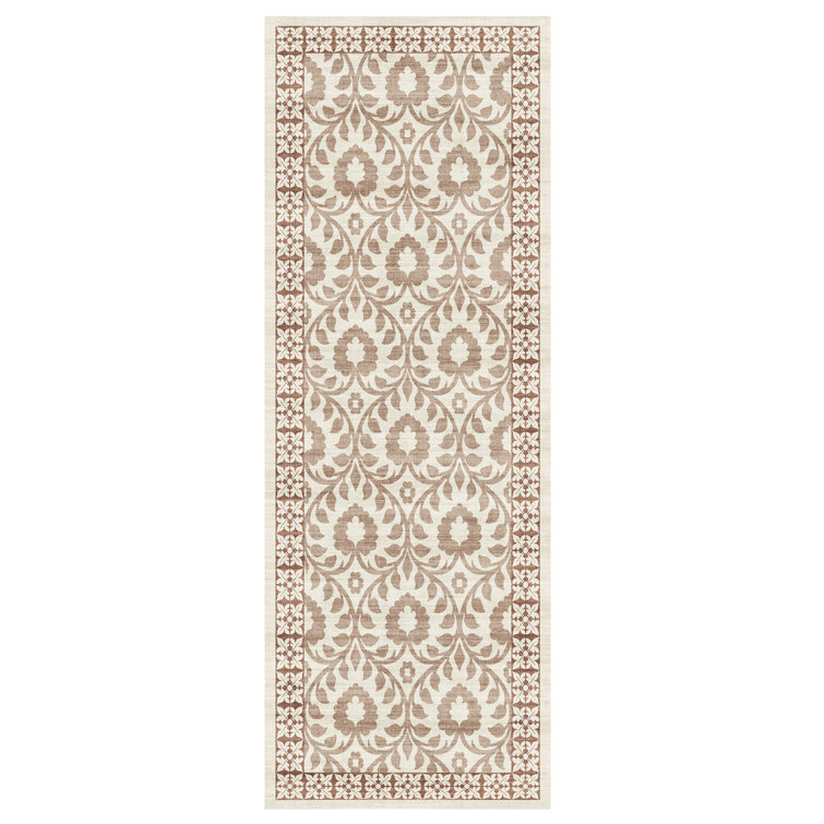 Esme Tan and Ivory Floral Synthetic Runner Rug