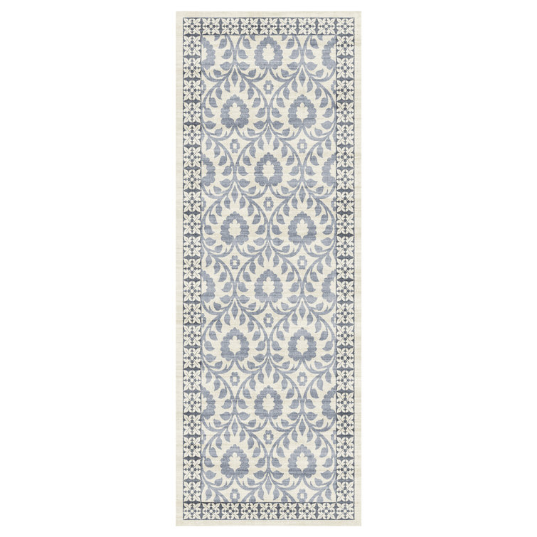 Esme Blue and Ivory Floral Synthetic Runner Rug