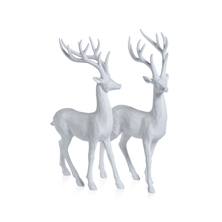 White Resin Winter Deer Figurines, Set of 2