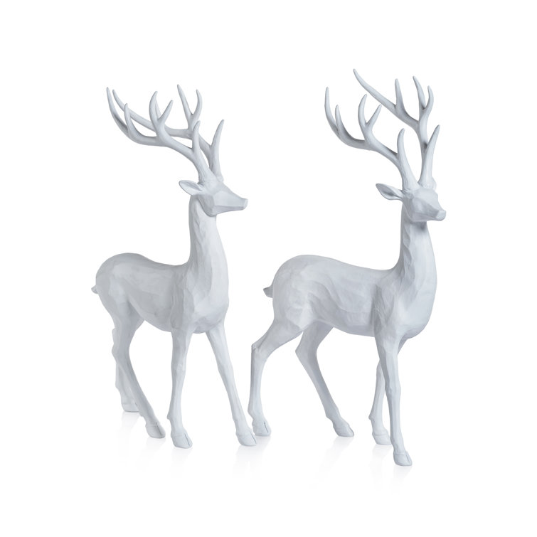 White Resin Winter Deer Figurines, Set of 2