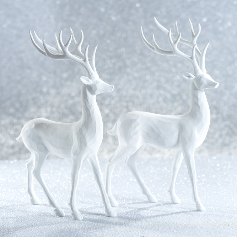 White Resin Winter Deer Figurines, Set of 2