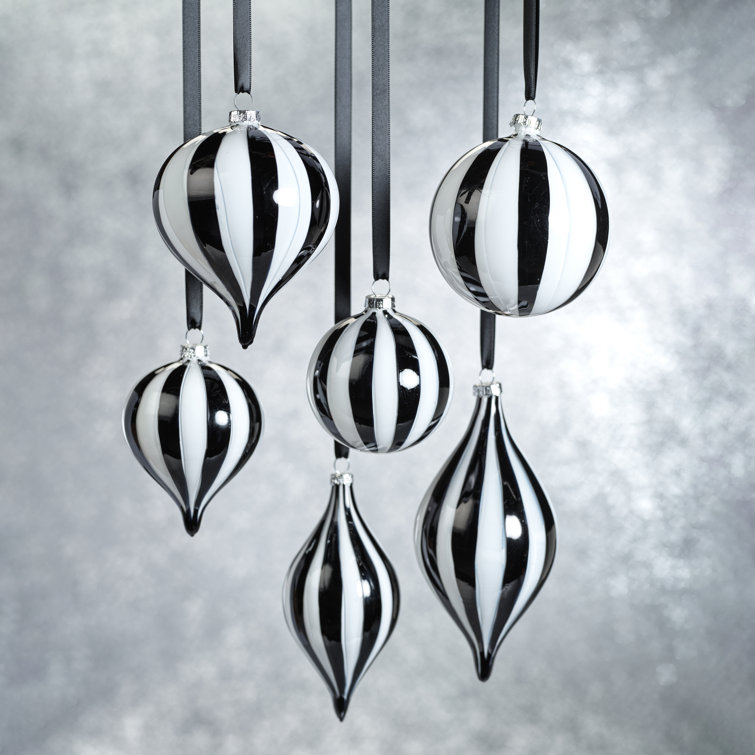 Monochrome Stripe 8-Piece Glass Ornament Set, 4" Ball