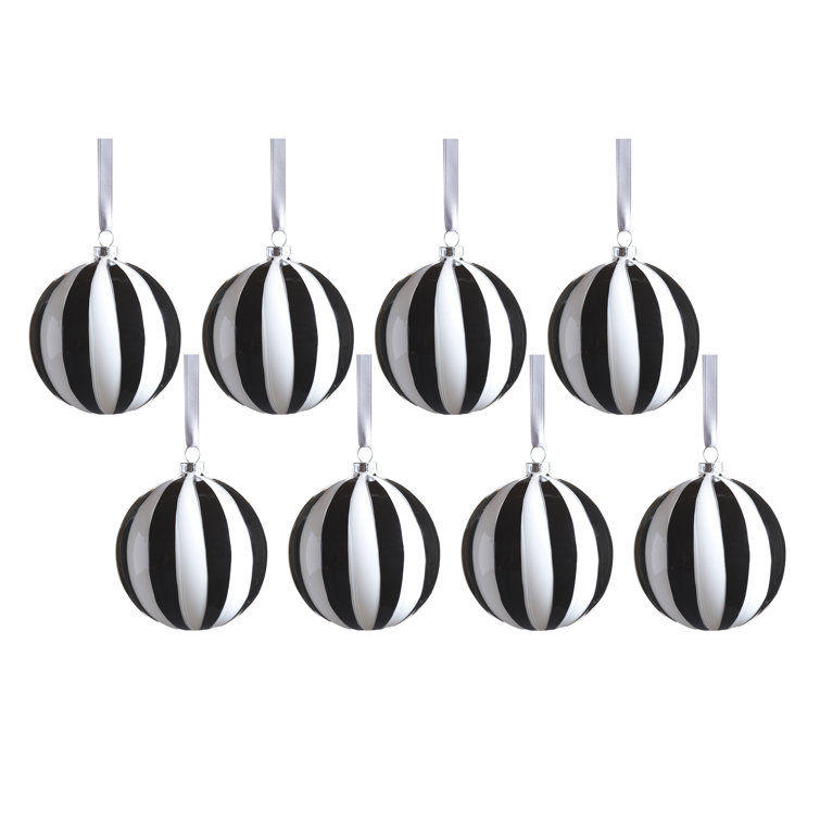 Monochrome Stripe 8-Piece Glass Ornament Set, 4" Ball