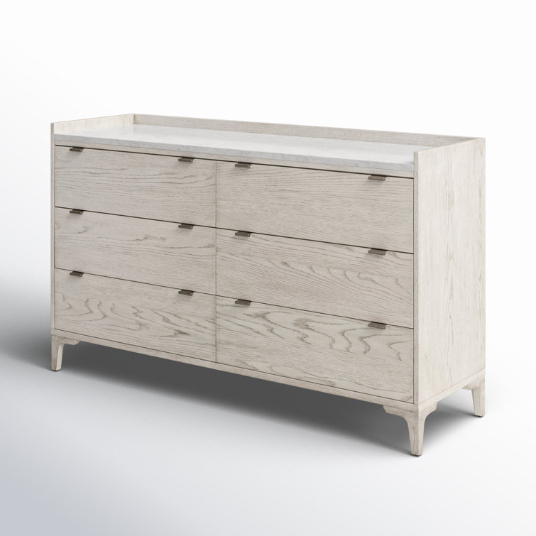 Elegant Vintage White Oak and Italian Marble 6-Drawer Dresser